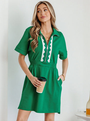 Zip Front Contrast Trim Dress