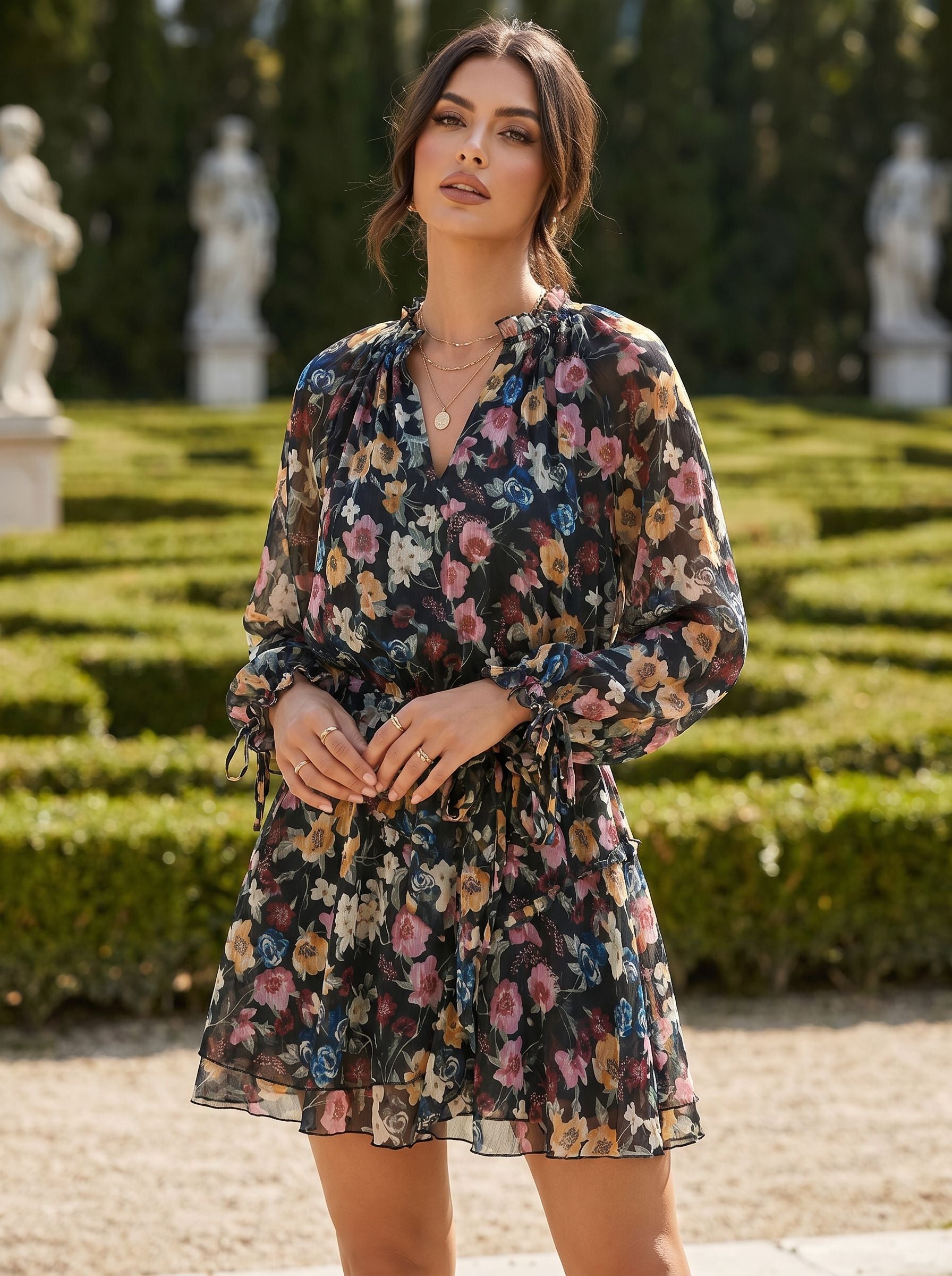 Boho Floral Print Chiffon Dress