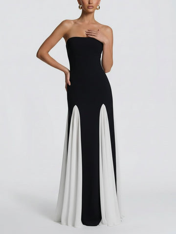 Strapless Two-Tone Maxi Evening Dress-Black