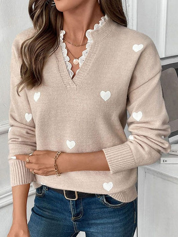 Heart Print Lace Trim Pullover Sweater