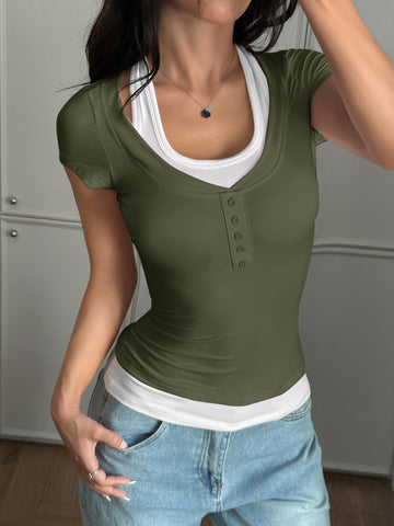 Layered Look Button Detail T-Shirt