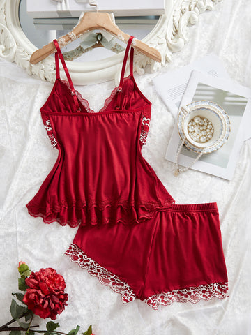 Floral Lace Trim Cami Pajama Set