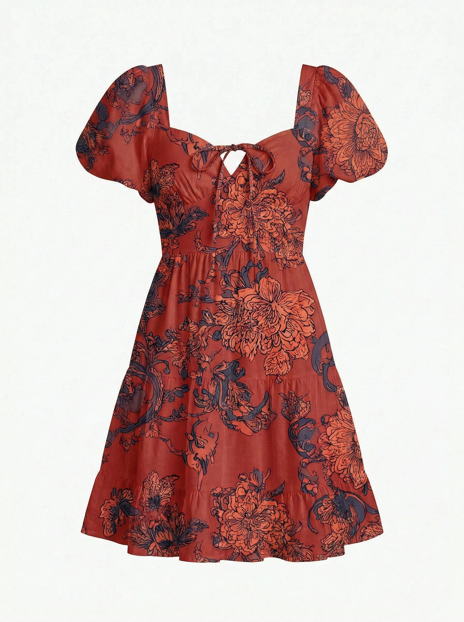 Floral Print Puff Sleeve Tiered Mini Dress