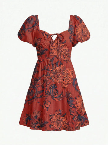 Floral Print Puff Sleeve Tiered Mini Dress