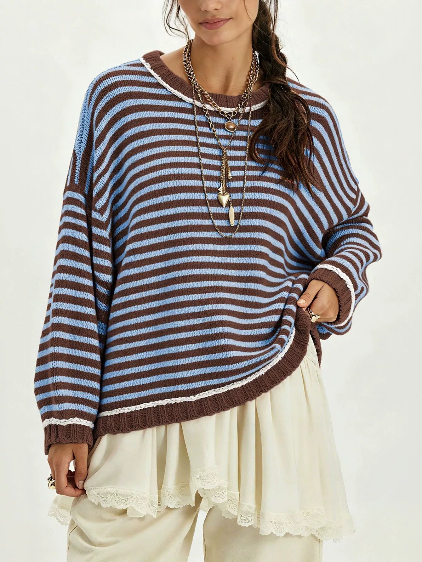 Oversized Striped Crewneck Knit Sweater
