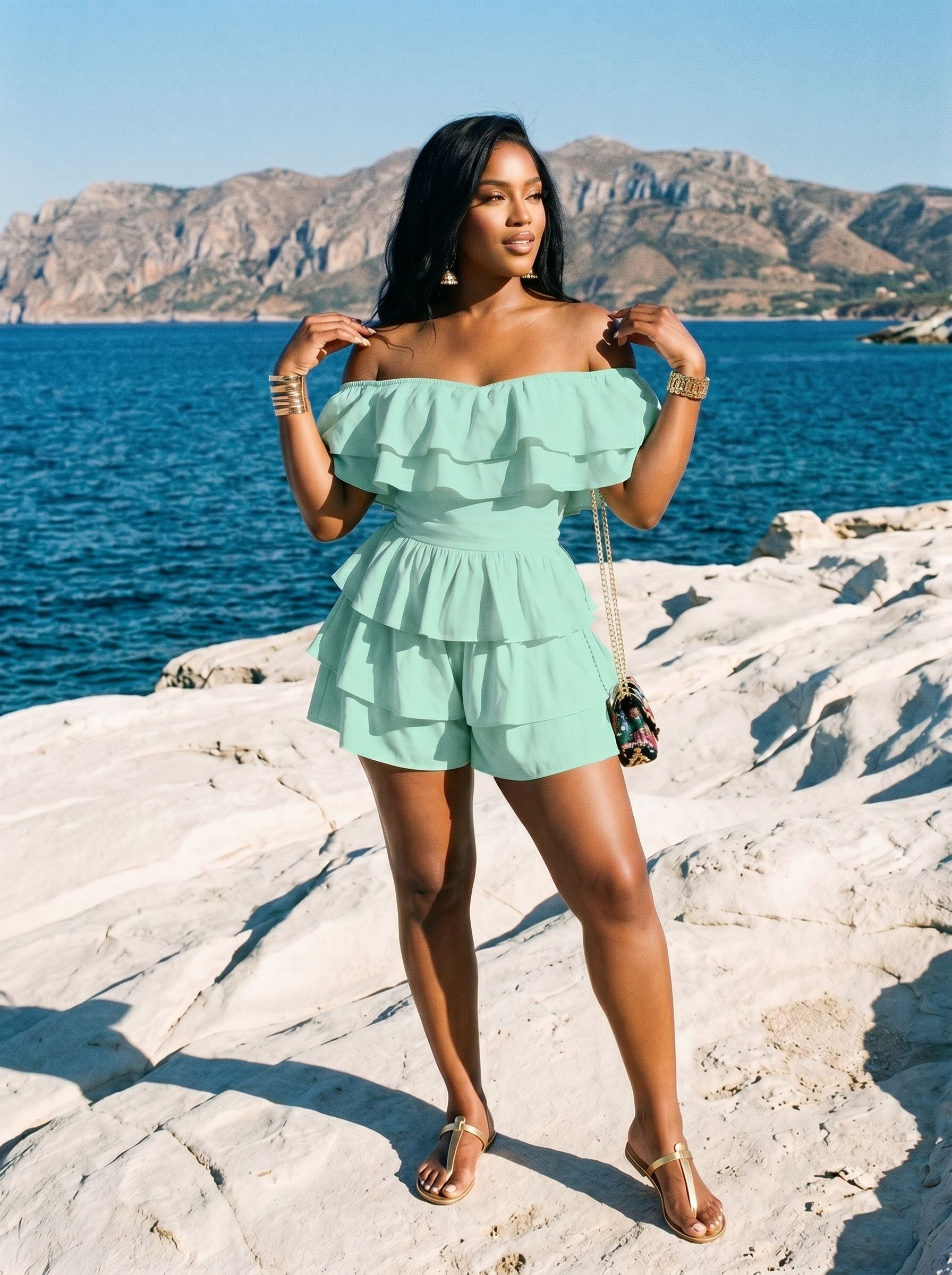 Off Shoulder Ruffled Layered Romper