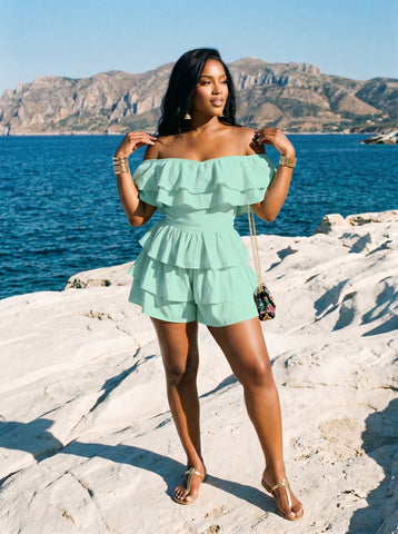 Off Shoulder Ruffled Layered Romper