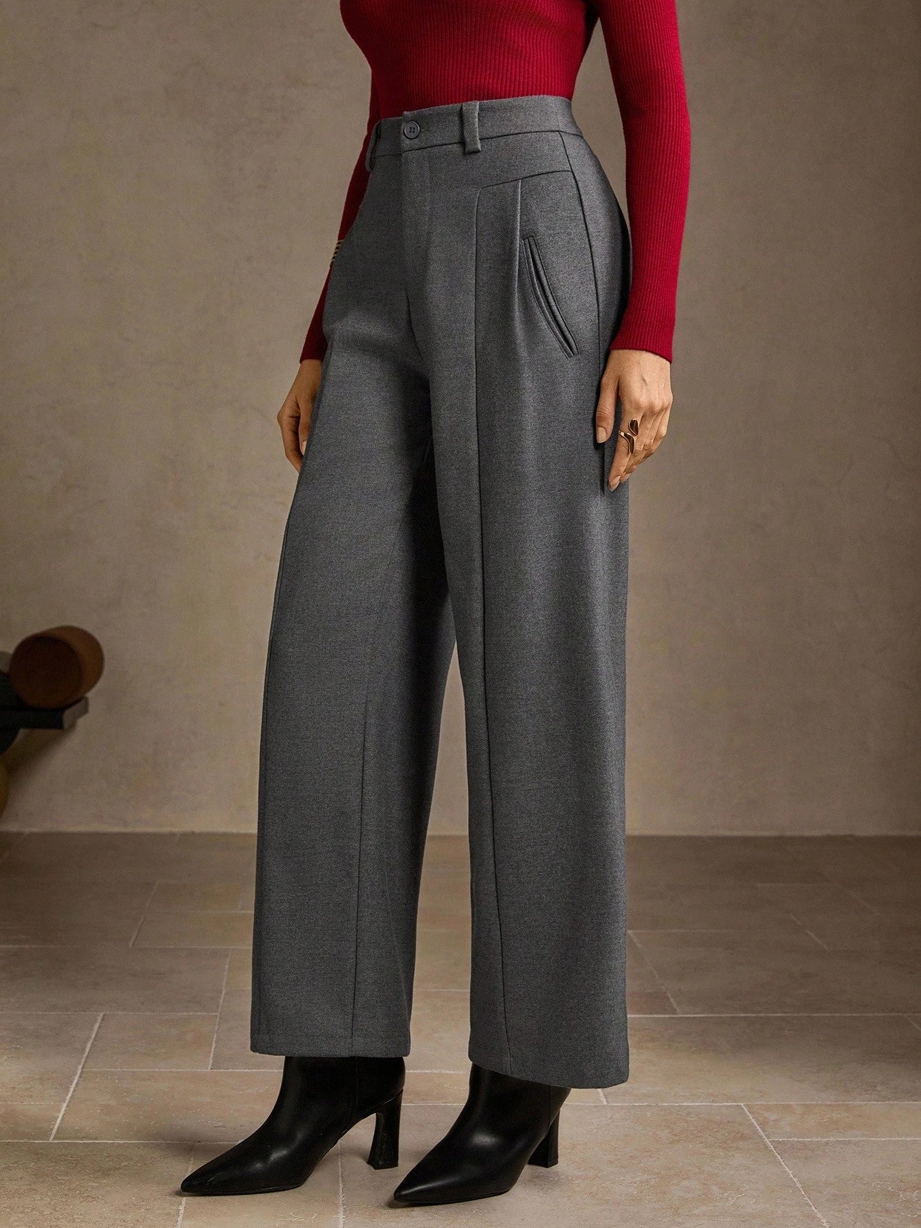 High-Waisted Belted Wool Wide-Leg Vintage Pants-Gray