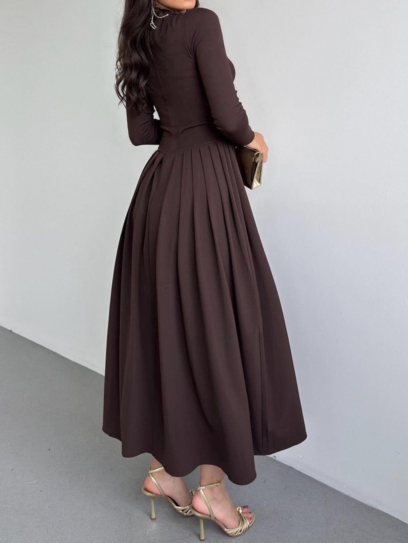 Off-the-Shoulder Long-Sleeve Pleated Formal Maxi Dress-Multicolor