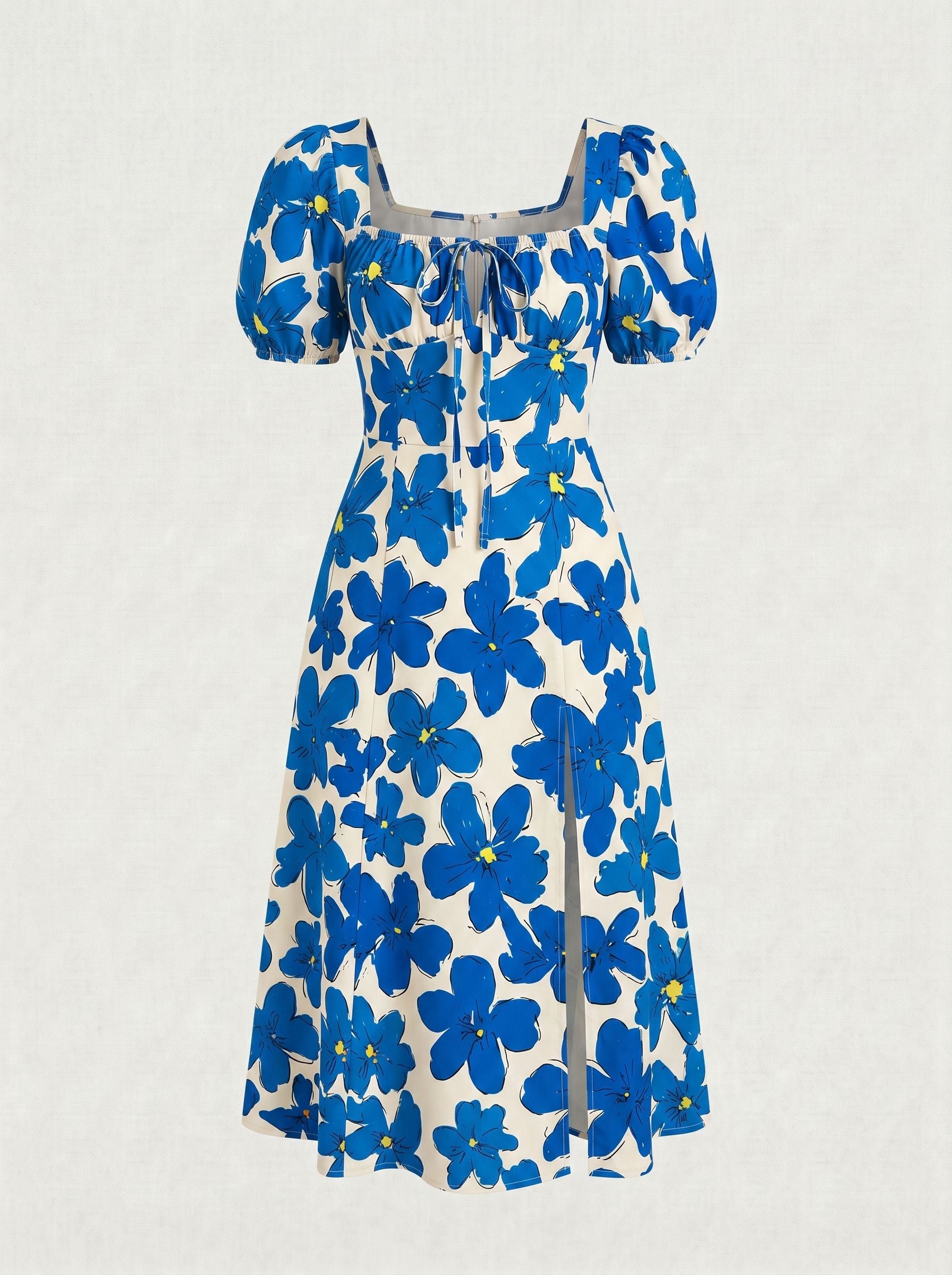 Floral Print Puff Sleeve Tie MidiDress