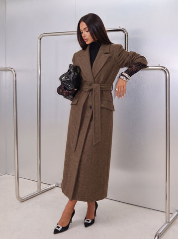 Elegant Belted Long Wool Coat