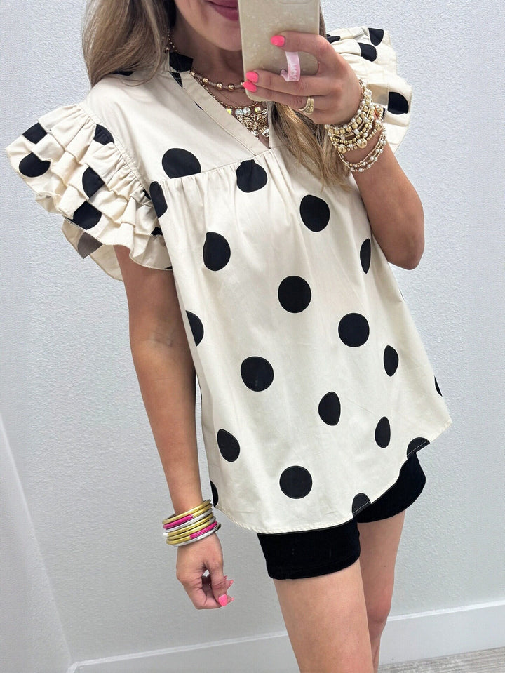 Polka Dot Ruffle Sleeve Blouse
