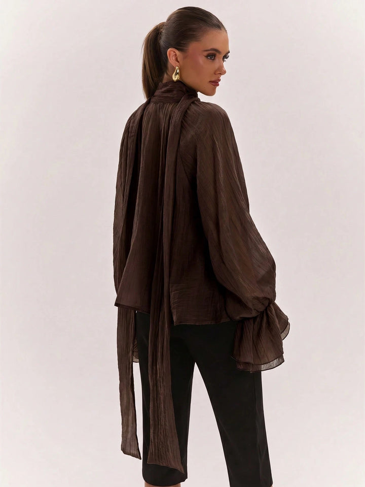 Sheer Ruffle Sleeve Mock Neck Blouse