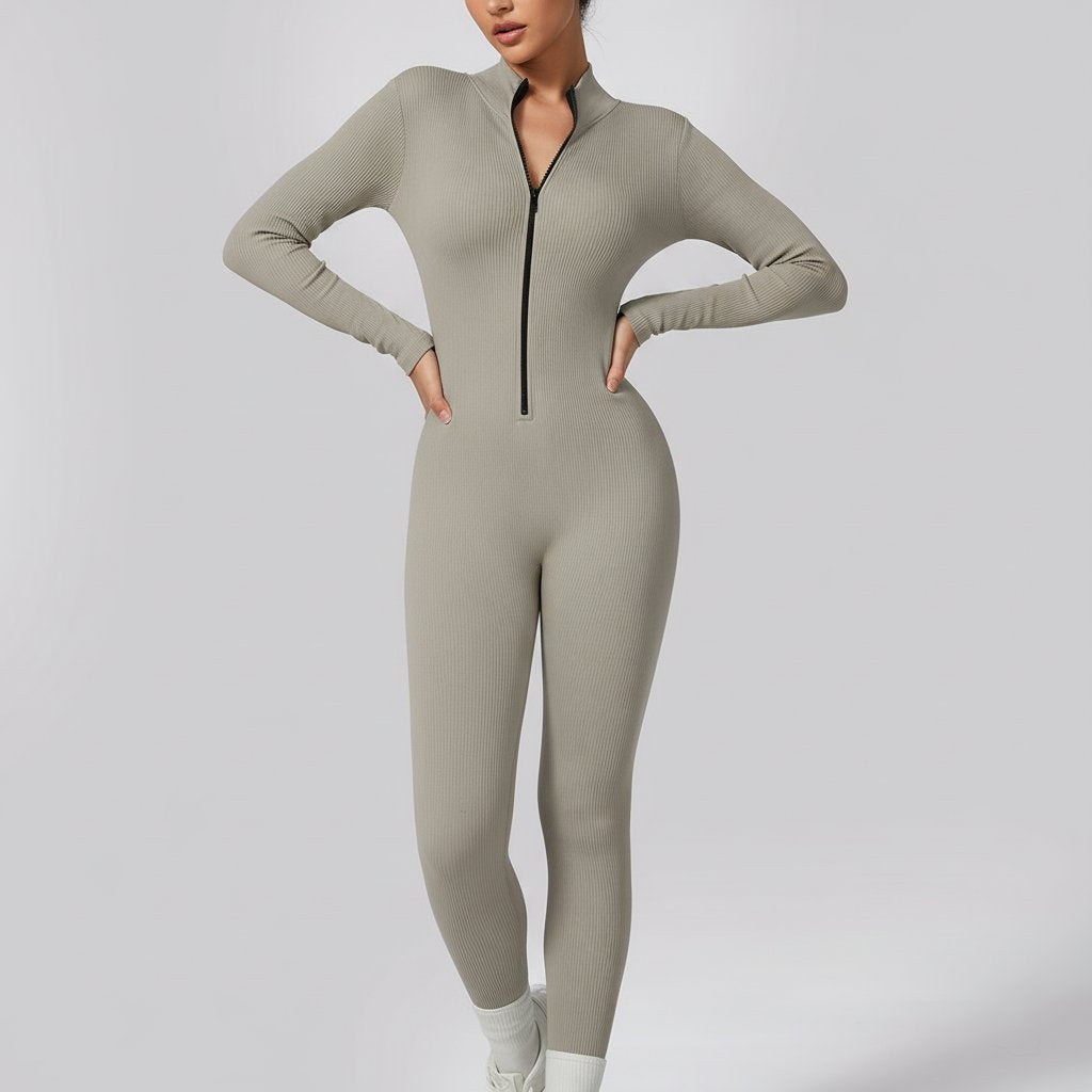 Half-Zip Seamless Activewear Jumpsuit-Multicolor