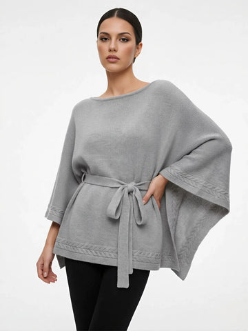 Oversized Belted Knit Poncho Sweater