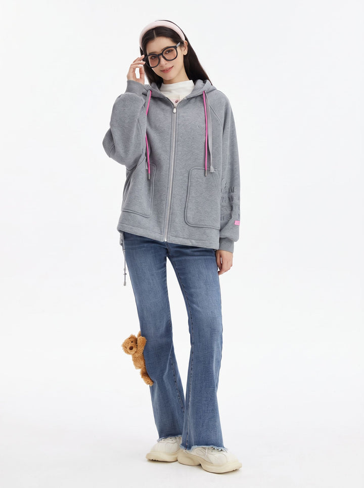 Oversized Graphic Bear Zip Up Hooded Jacket
