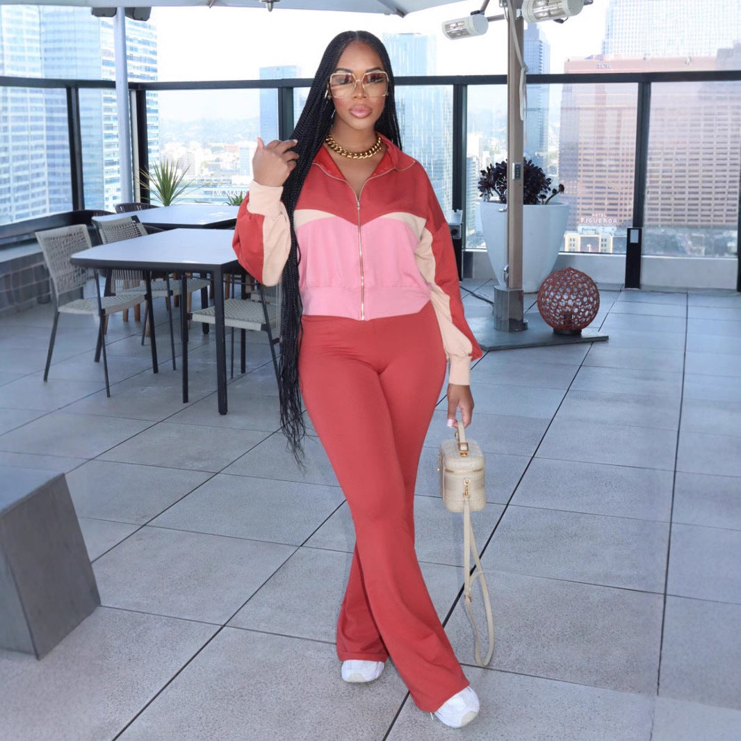 Colorblock Zip Up Flare Pants Set
