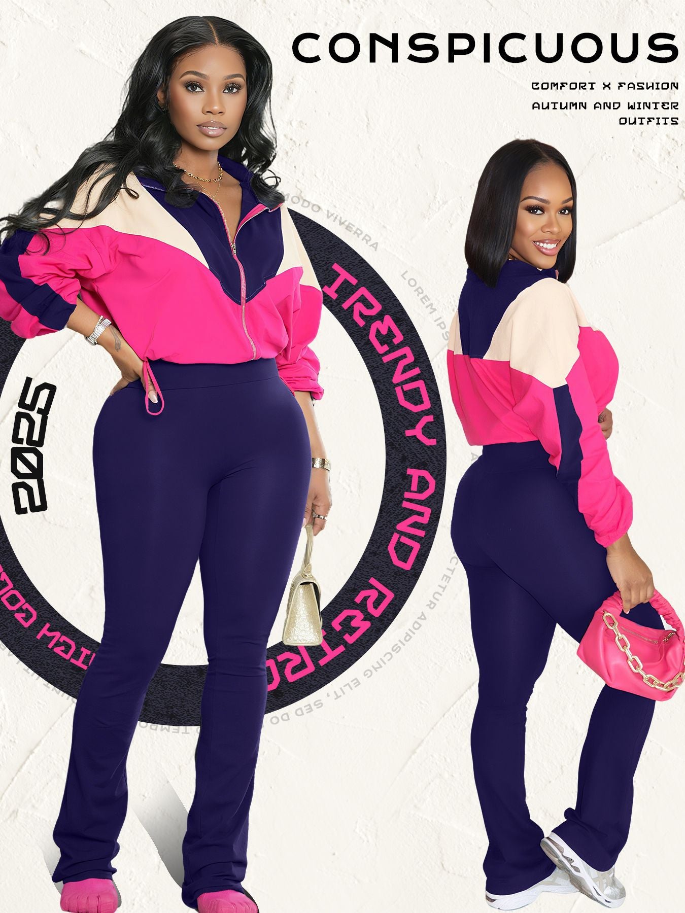 Colorblock Zipper Casual Pant Set