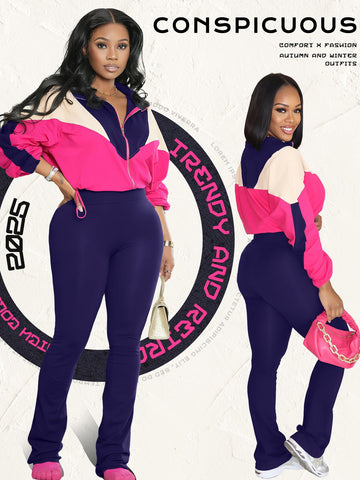 Colorblock Zipper Casual Pant Set