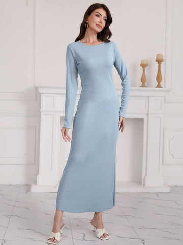 Round Neck Long Sleeve Bodycon Daily Maxi Dress-Blue