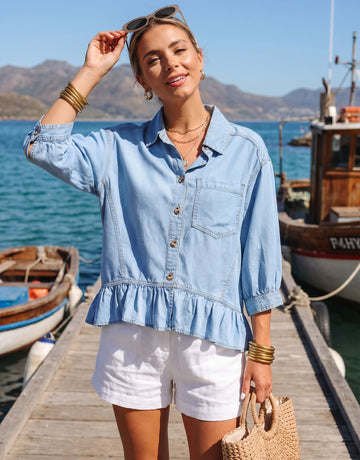 Lightweight Ruffled Peplum Denim Shirt