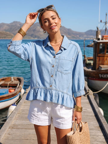 Lightweight Ruffled Peplum Denim Shirt
