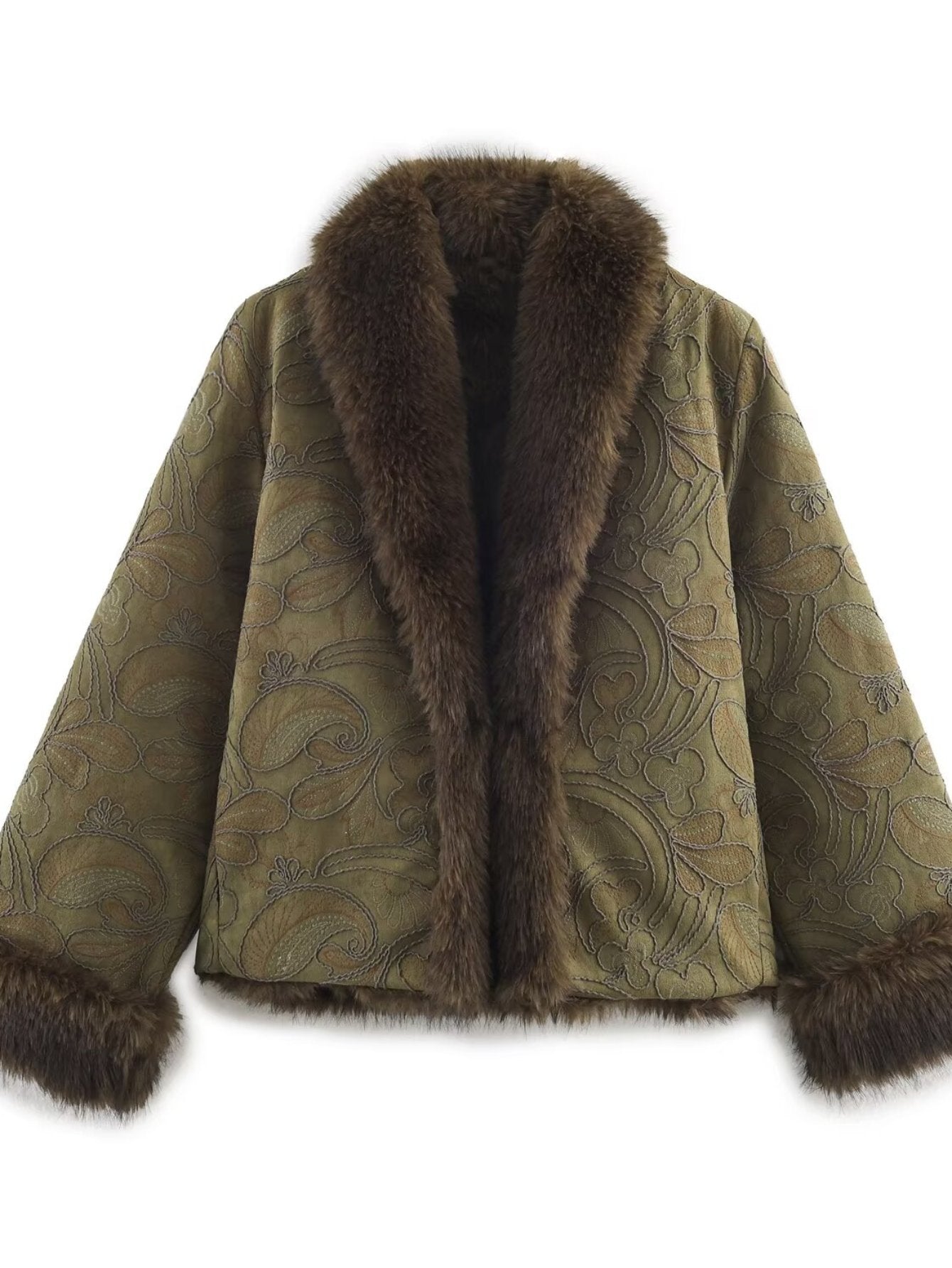 Embroidered Faux Fur Trim Coat