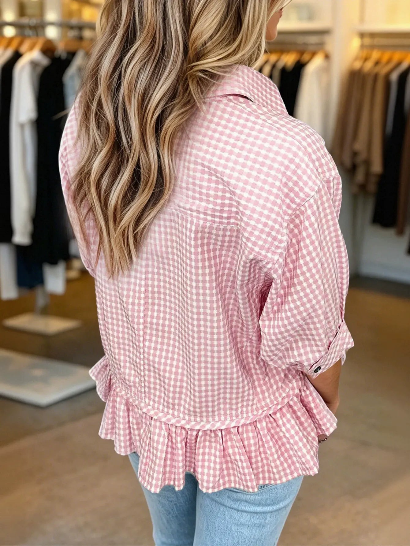Pink Gingham Peplum Button Down Shirt