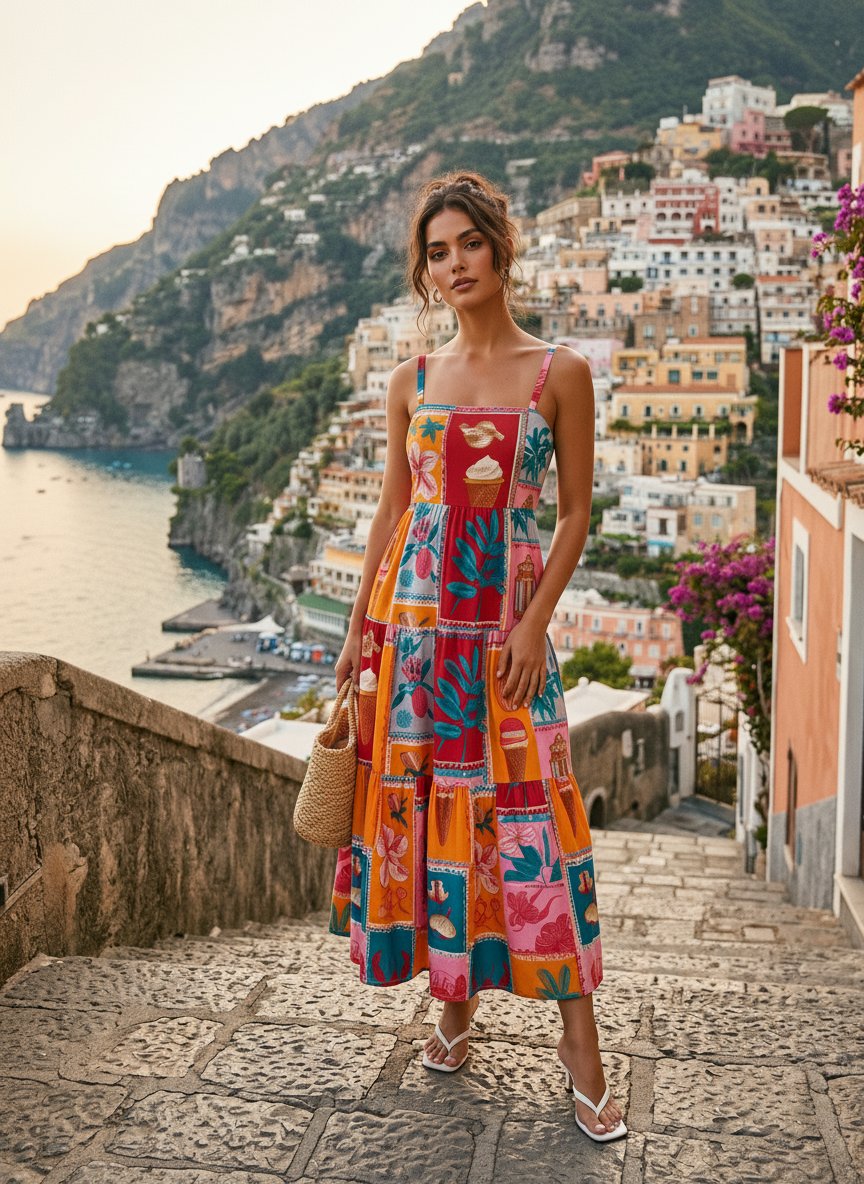 FLORA Floral Print Tiered Strap Midi Dress