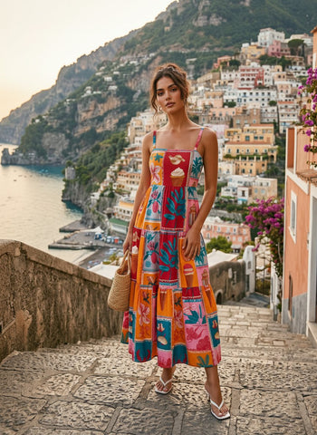 FLORA Floral Print Tiered Strap Midi Dress