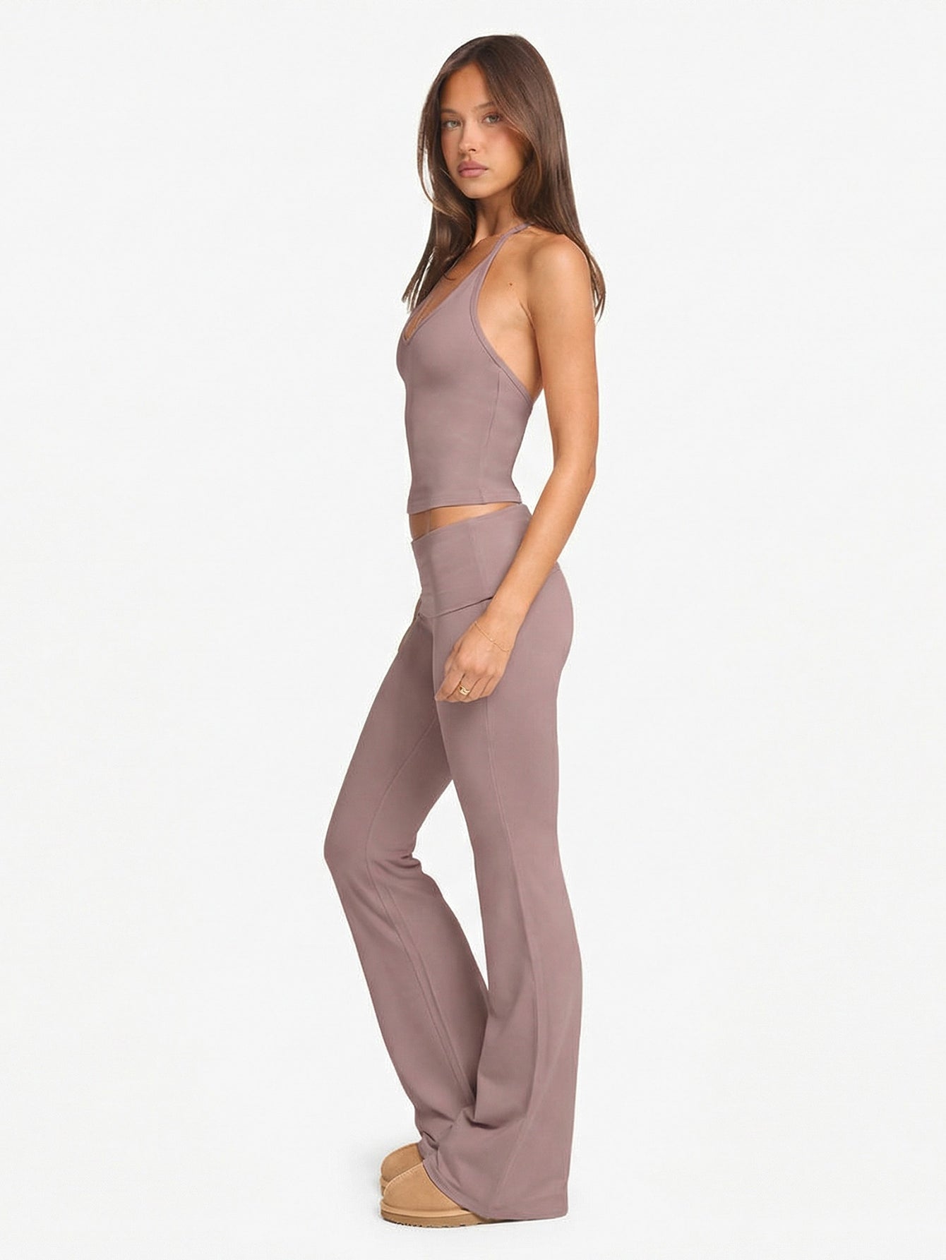 High-Waisted Stretchy Flare Yoga Pants-Mauve