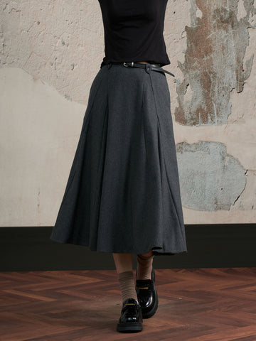 High Waisted Pleated Wool Midi Skirt
