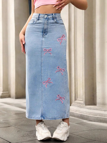 Embroidered Bow High Waisted Denim Skirt