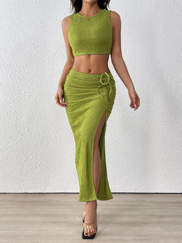 Ribbed Side Slit Casual Midi Skirt Set