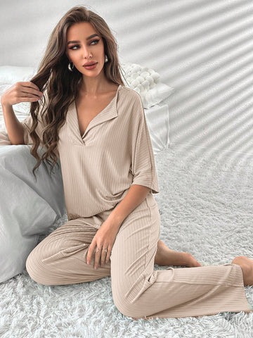 Soft Ribbed V Neck Lounge Set