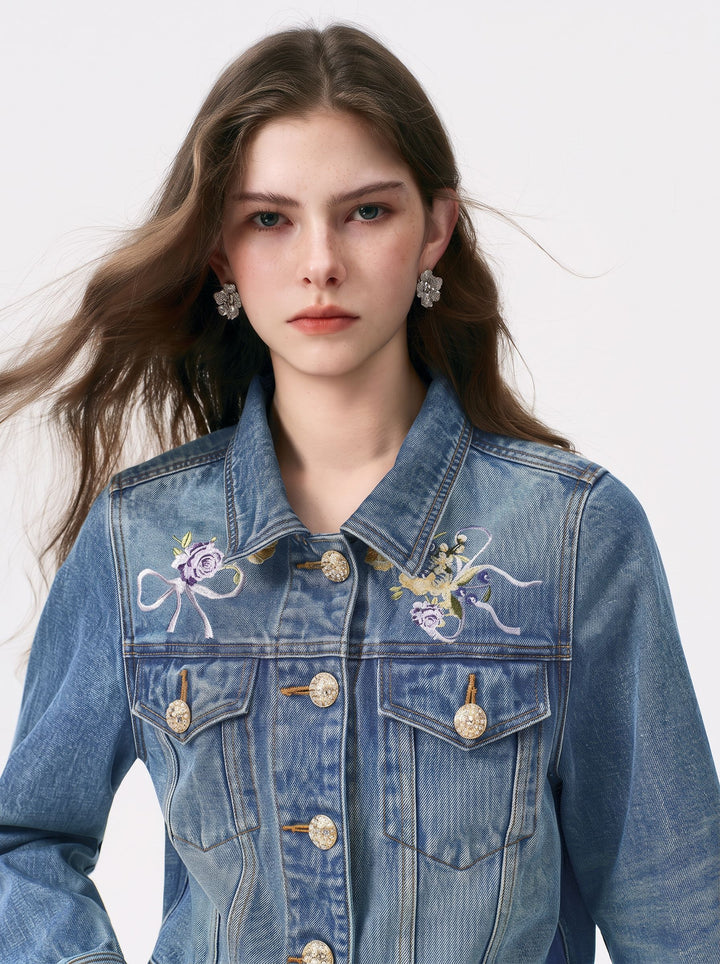 Embroidered Floral Gold Button Denim Jacket