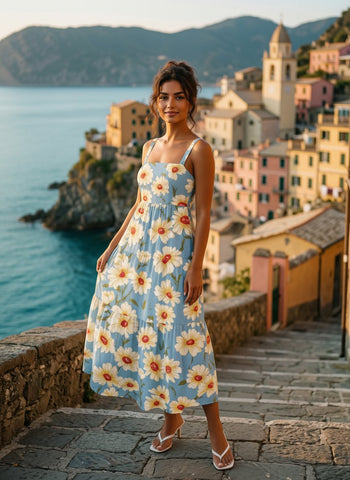 FLORA Floral Print Tiered Strap Midi Dress
