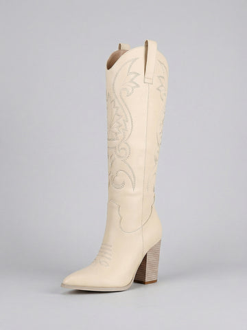 Embroidered Pointed-Toe Block-Heel Elegant Cowboy Boots