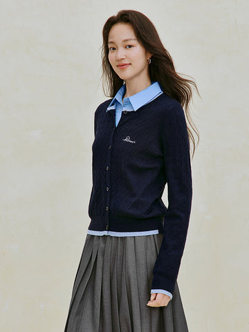 Embroidered Wool Blend Cable Knit Cardigan