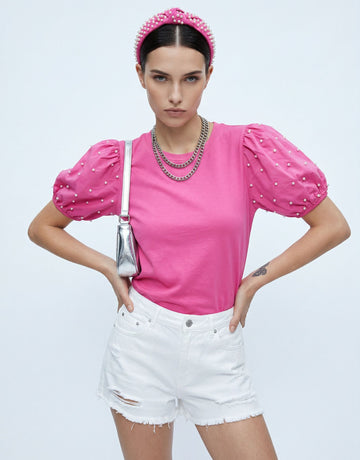 Puff Sleeve Pearl Detail Sweater