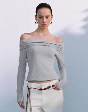 Urban Revivo Off Shoulder T-Shirts-Gray Marl