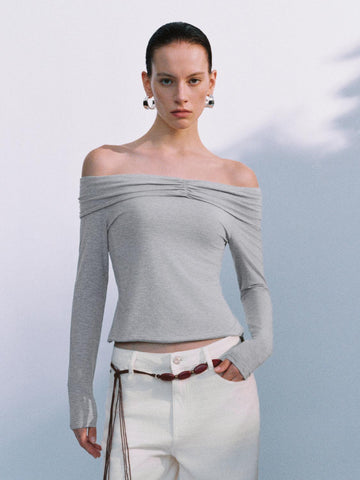 Urban Revivo Off Shoulder T-Shirts-Gray Marl