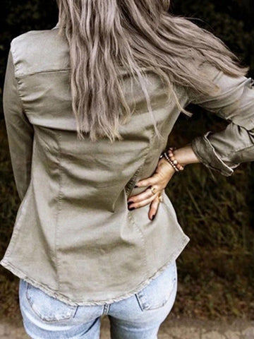 Point Collar Button Classic Denim Shirt-Multicolor