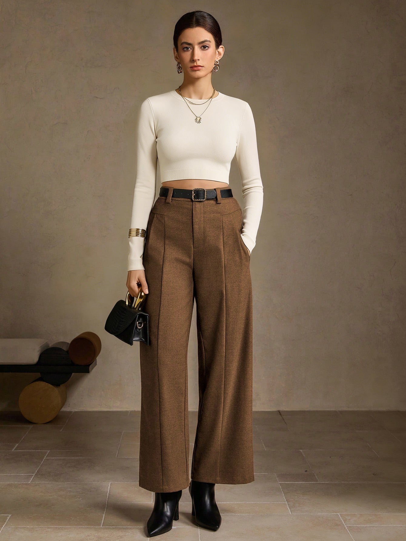 High Waisted Pleated Wide Leg Trousers