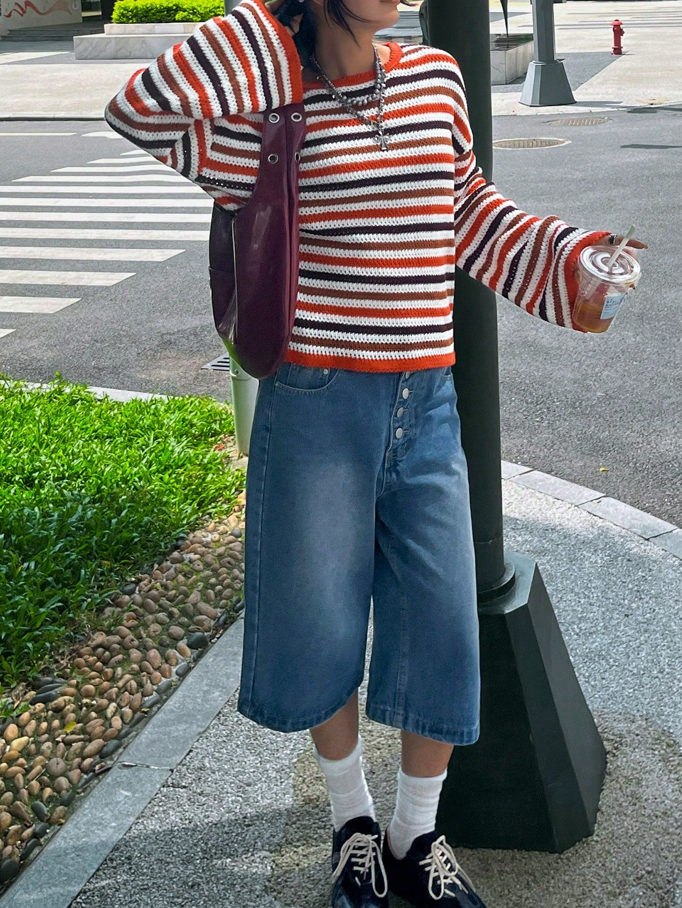 Oversized Striped Crewneck Knit Sweater