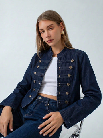 Military Inspired Cropped Denim Jacket