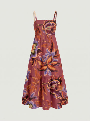 FLORA Floral Print Tiered Strap Midi Dress