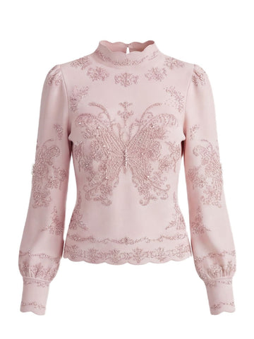 Embroidered Butterfly Mock Neck Sweater