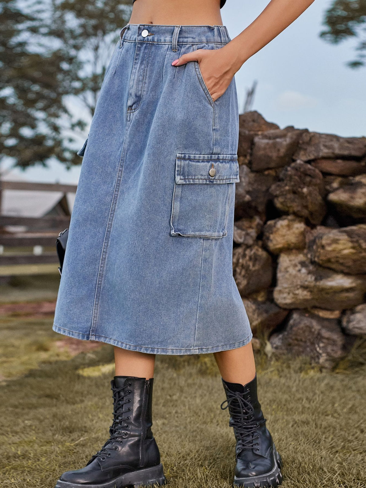 High Waisted Cargo Denim Midi Skirt