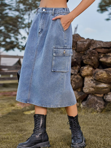 High Waisted Cargo Denim Midi Skirt